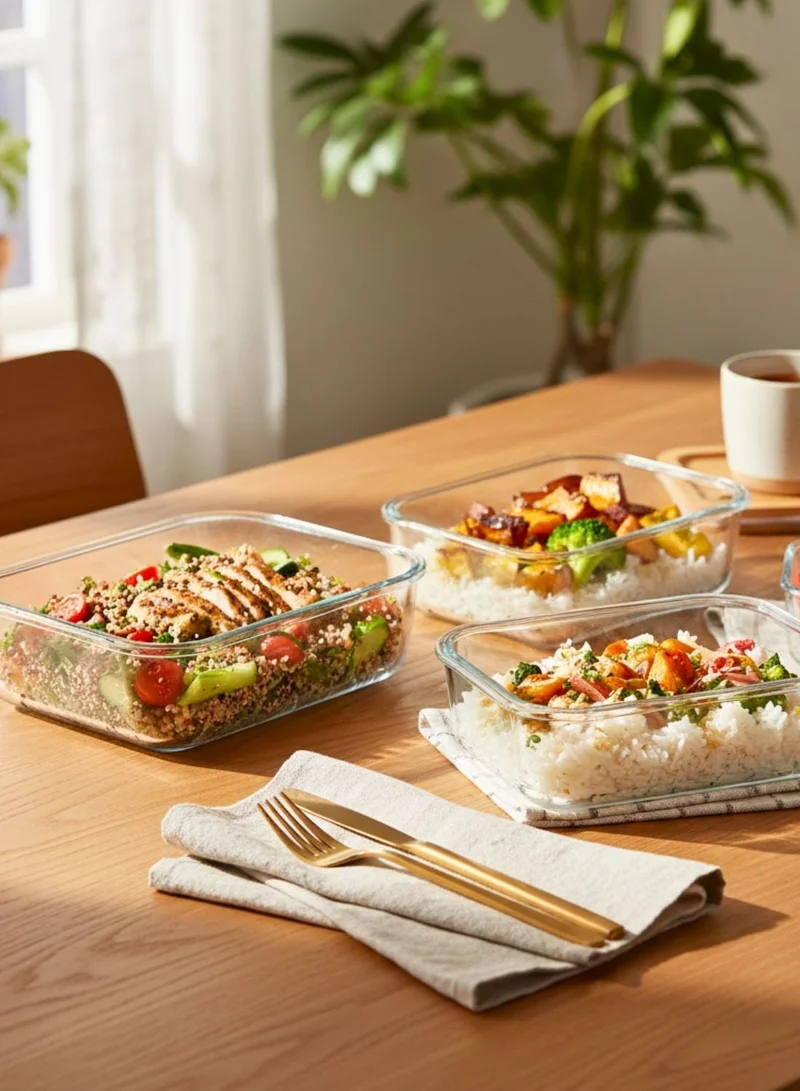 1Chase Rectangular Borosilicate Rectangular Glass Food Storage Containers with Bamboo Lids, Airtight Meal Prep Set 400ML 700ML 1000ML  | Best Price UAE
